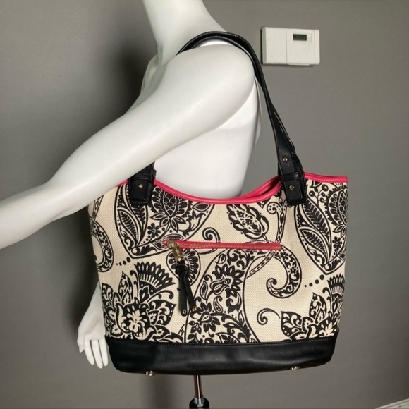 Spartina Tote Linen Canvas Double Leather Straps Paisley Print Rope Detail GUC - Picture 4 of 14
